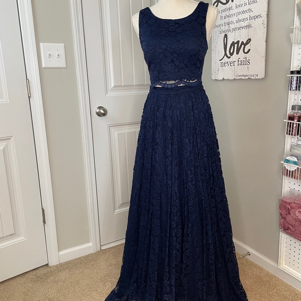 Two piece navy blue lace dress.